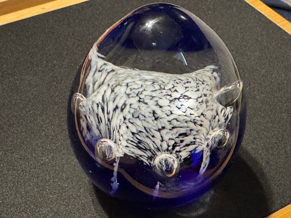 Vintage Cobalt Blue Egg Shape Art Glass Heavy Paper Weight, White Bubble Inside